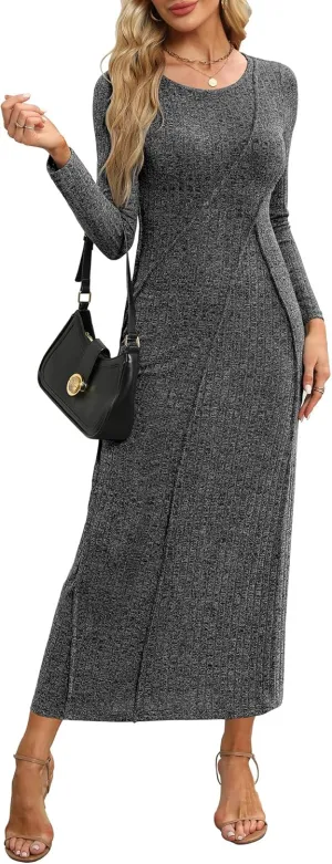 Annebouti Womens 2025 Spring Long Sleeve Ribbed Knit Sweater Maxi Dress Elegant Crew Neck Wedding Guest Long Dresses