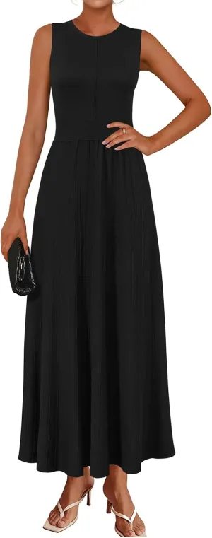 Arach&Cloz Womens Summer Maxi Dress 2025 Crew Neck Sleeveless Knitted Church Work Business Casual Outfits Long Dresses