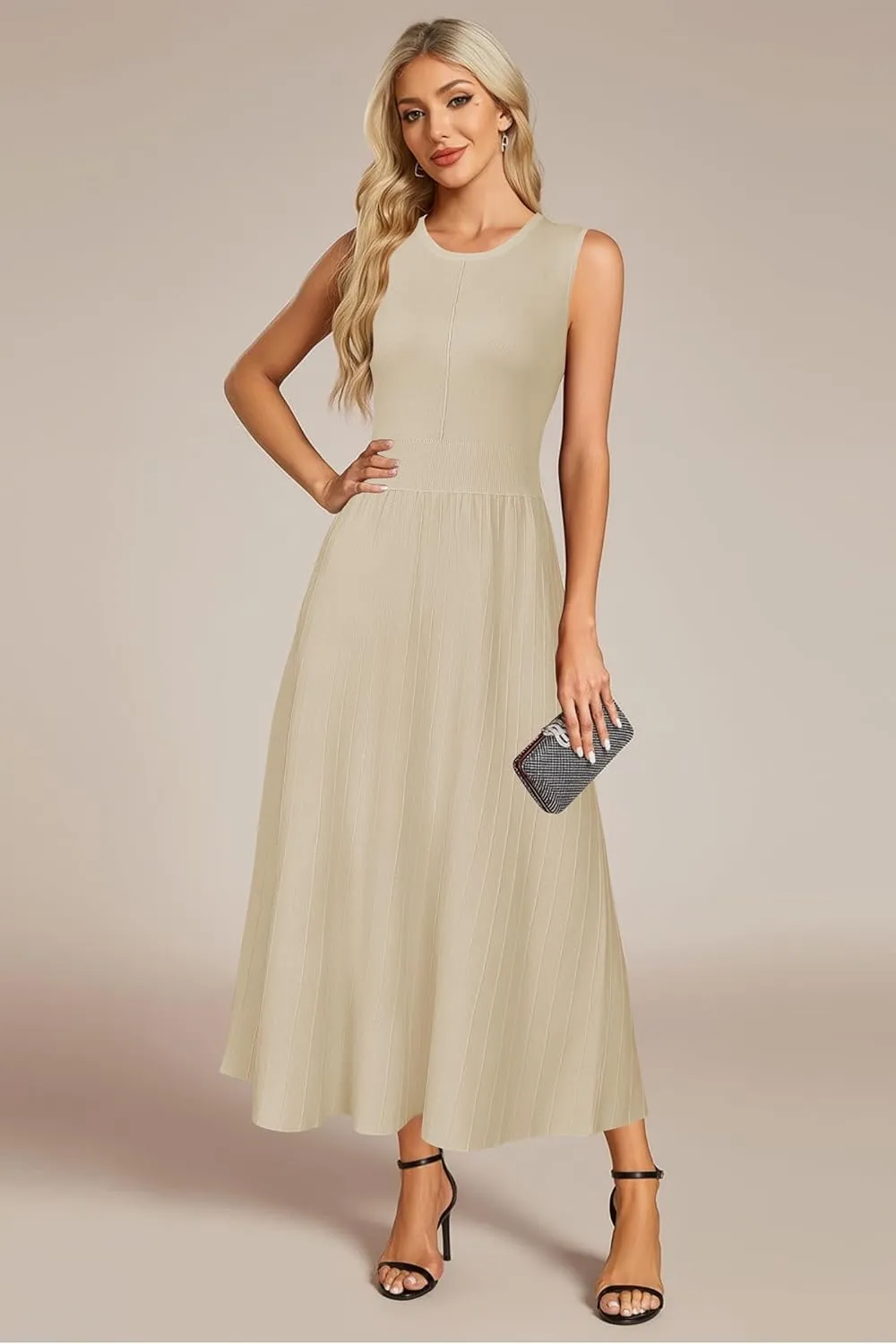 Arach&Cloz Womens Summer Maxi Dress 2025 Crew Neck Sleeveless Knitted Church Work Business Casual Outfits Long Dresses