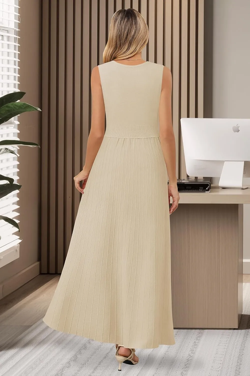 Arach&Cloz Womens Summer Maxi Dress 2025 Crew Neck Sleeveless Knitted Church Work Business Casual Outfits Long Dresses