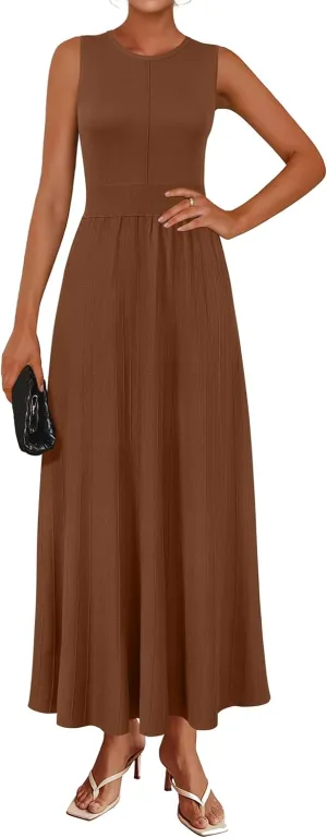Arach&Cloz Womens Summer Maxi Dress 2025 Crew Neck Sleeveless Knitted Church Work Business Casual Outfits Long Dresses