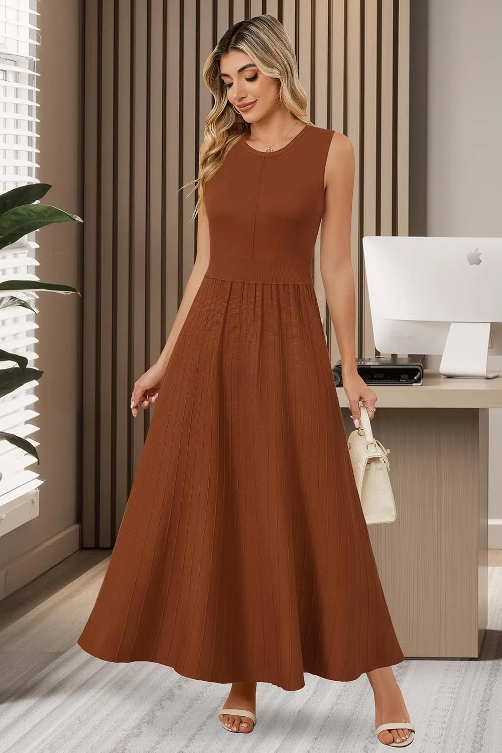 Arach&Cloz Womens Summer Maxi Dress 2025 Crew Neck Sleeveless Knitted Church Work Business Casual Outfits Long Dresses