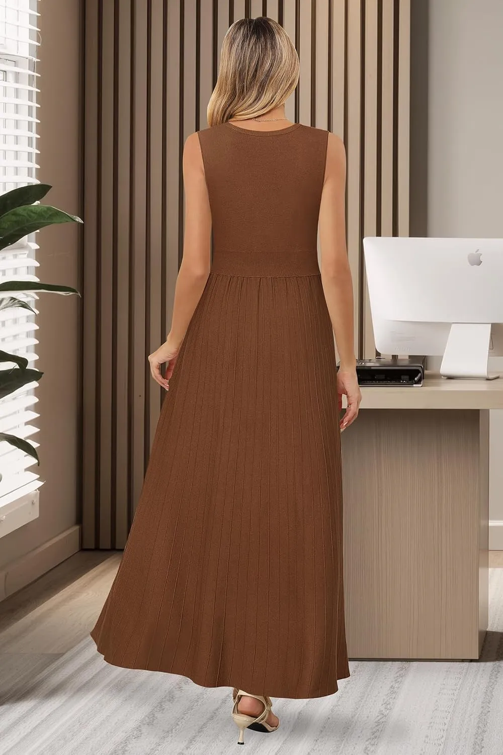 Arach&Cloz Womens Summer Maxi Dress 2025 Crew Neck Sleeveless Knitted Church Work Business Casual Outfits Long Dresses