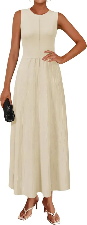 Arach&Cloz Womens Summer Maxi Dress 2025 Crew Neck Sleeveless Knitted Church Work Business Casual Outfits Long Dresses