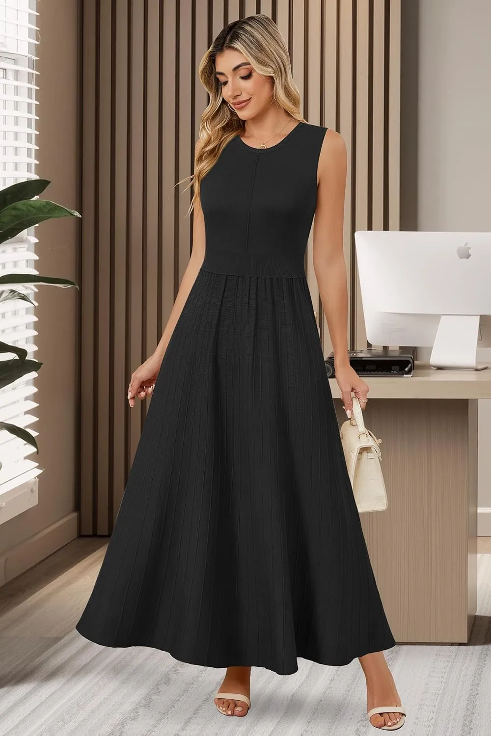 Arach&Cloz Womens Summer Maxi Dress 2025 Crew Neck Sleeveless Knitted Church Work Business Casual Outfits Long Dresses
