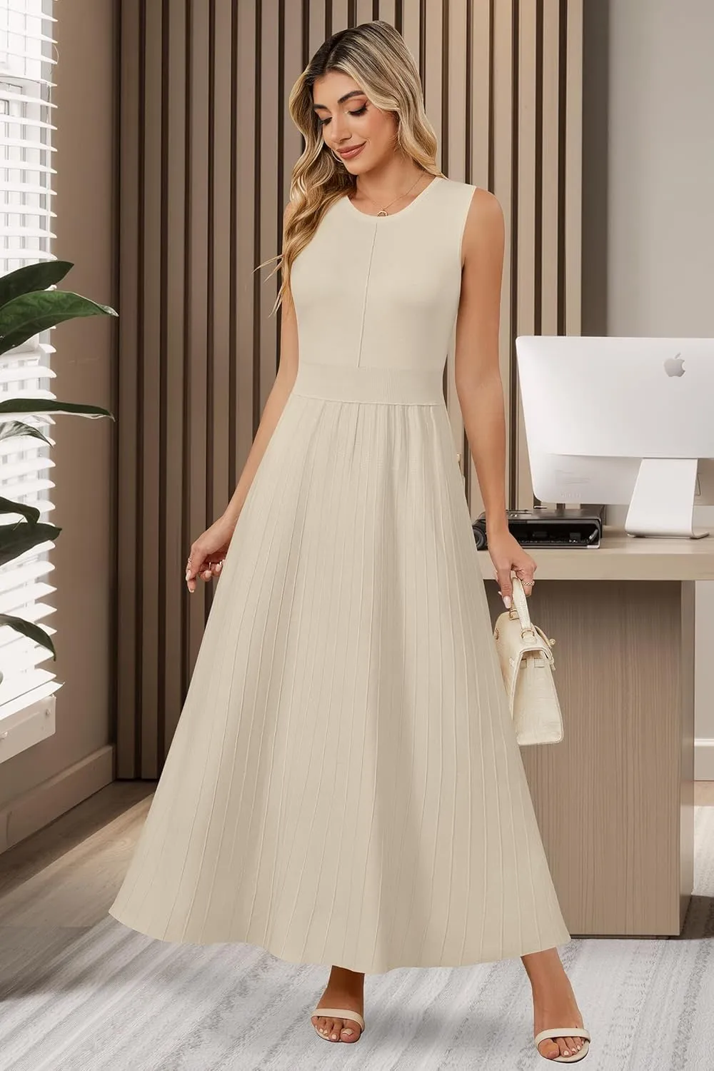 Arach&Cloz Womens Summer Maxi Dress 2025 Crew Neck Sleeveless Knitted Church Work Business Casual Outfits Long Dresses