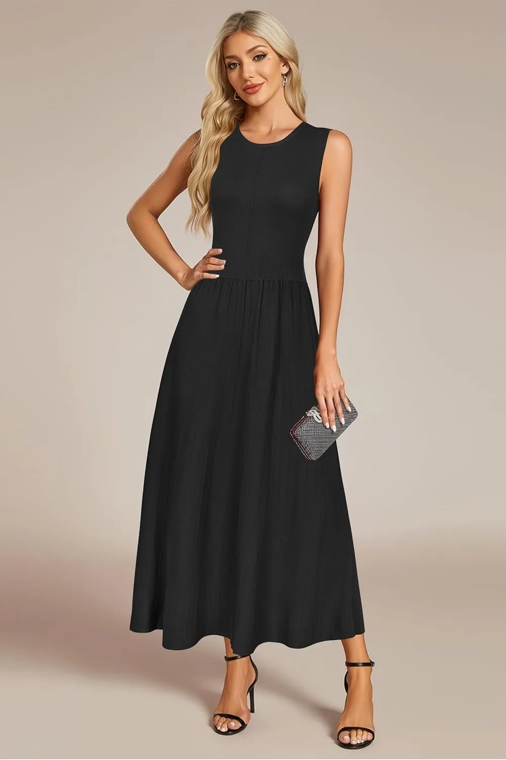 Arach&Cloz Womens Summer Maxi Dress 2025 Crew Neck Sleeveless Knitted Church Work Business Casual Outfits Long Dresses