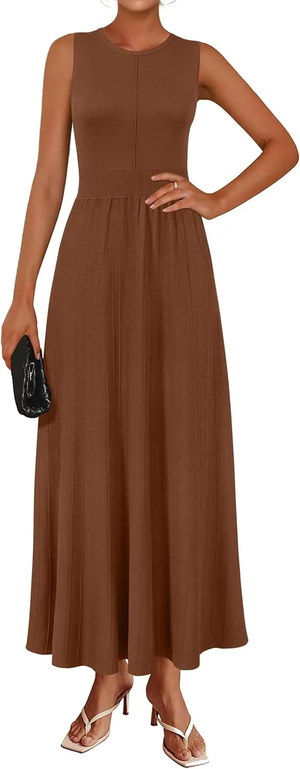 Arach&Cloz Womens Summer Maxi Dress 2025 Crew Neck Sleeveless Knitted Church Work Business Casual Outfits Long Dresses