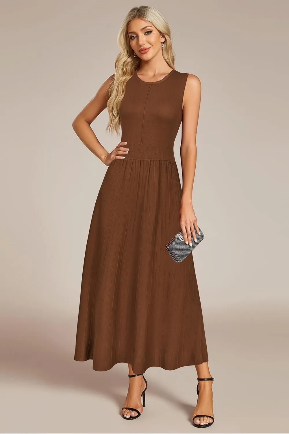 Arach&Cloz Womens Summer Maxi Dress 2025 Crew Neck Sleeveless Knitted Church Work Business Casual Outfits Long Dresses