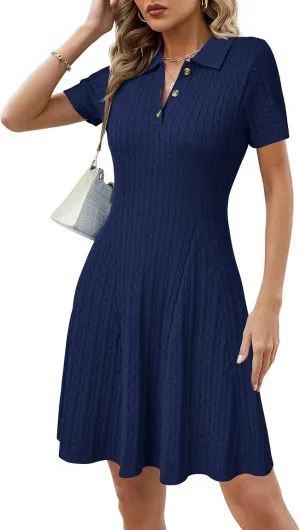 Arach&Cloz Women's Summer Polo Dresses 2025 Short Sleeve Cable Knitted Fashion Business Work Casual A Line Dress