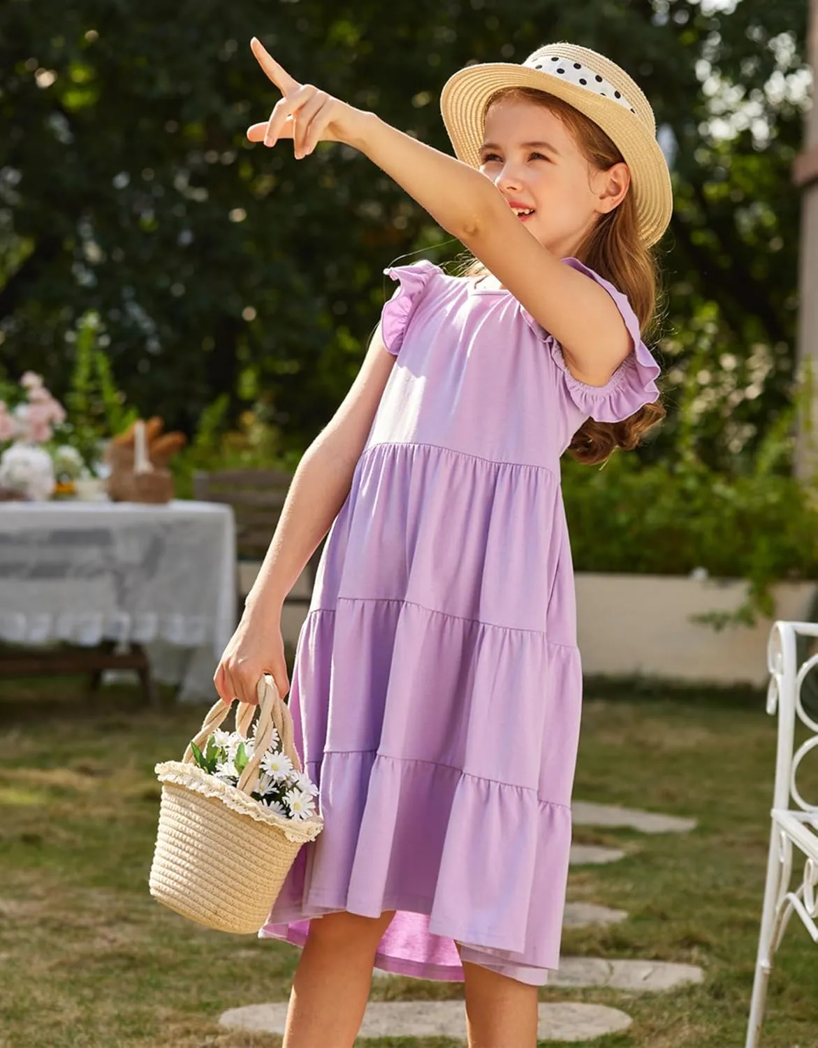 Arshiner Girl's Summer Dresses Ruffle Sleeve Tiered Swing Midi Casual Sundress with Pockets