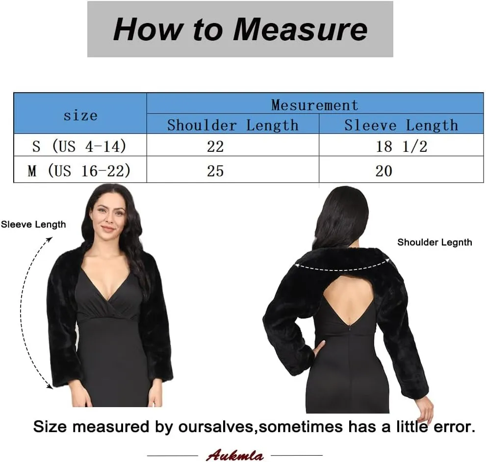 Aukmla Women Faux Fur Bolero Shrugs Winter Wedding Fur Jacket Long Sleeves Evening Fur Shawls Wraps for Bride and Bridesmaid