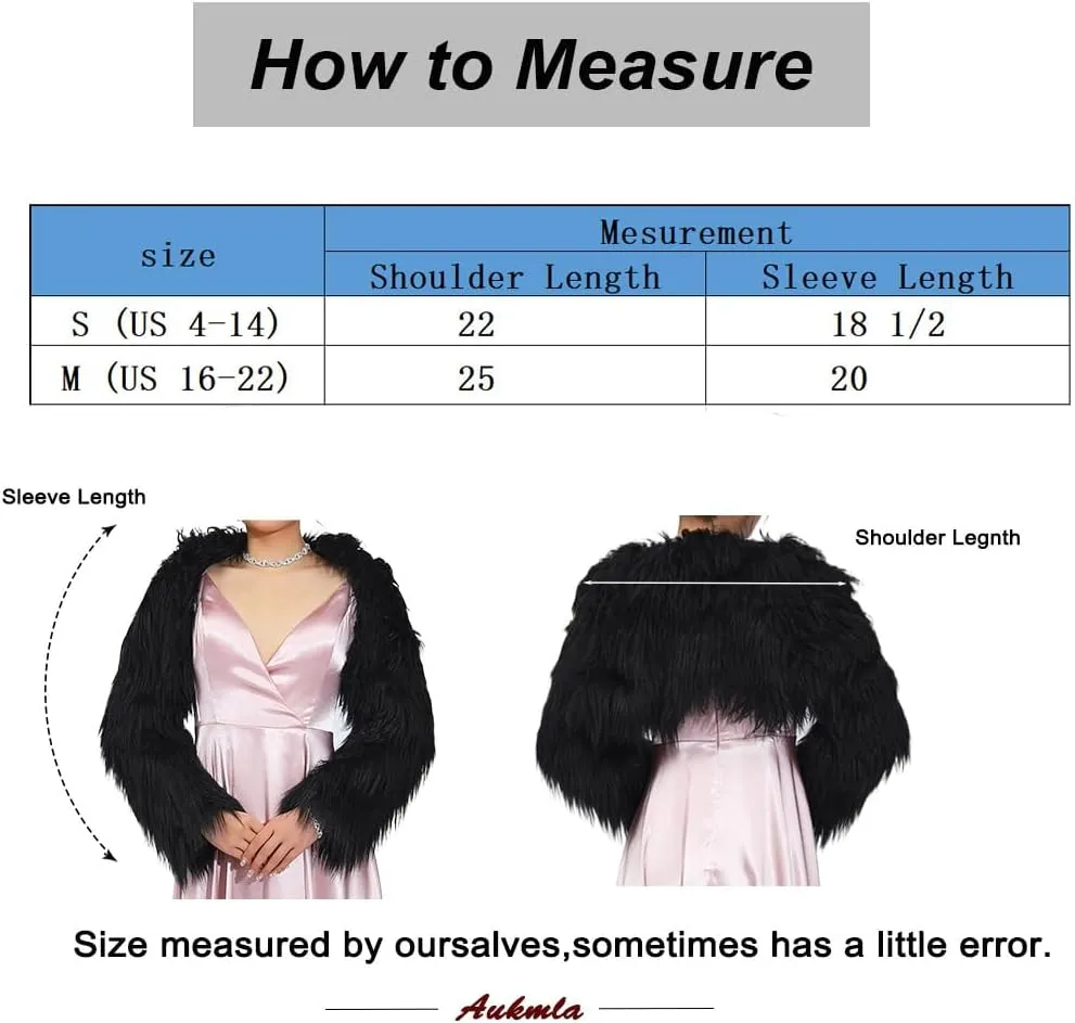 Aukmla Women Faux Fur Bolero Shrugs Winter Wedding Fur Jacket Long Sleeves Evening Fur Shawls Wraps for Bride and Bridesmaid