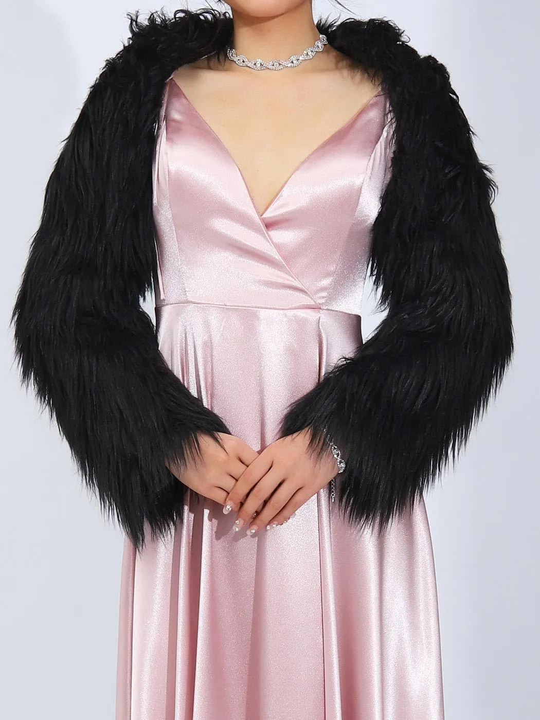 Aukmla Women Faux Fur Bolero Shrugs Winter Wedding Fur Jacket Long Sleeves Evening Fur Shawls Wraps for Bride and Bridesmaid