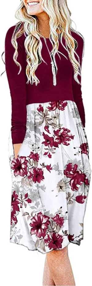 AUSELILY Women Long Sleeve Dresses Round Neck Casual Spring Swing Dress with Pockets