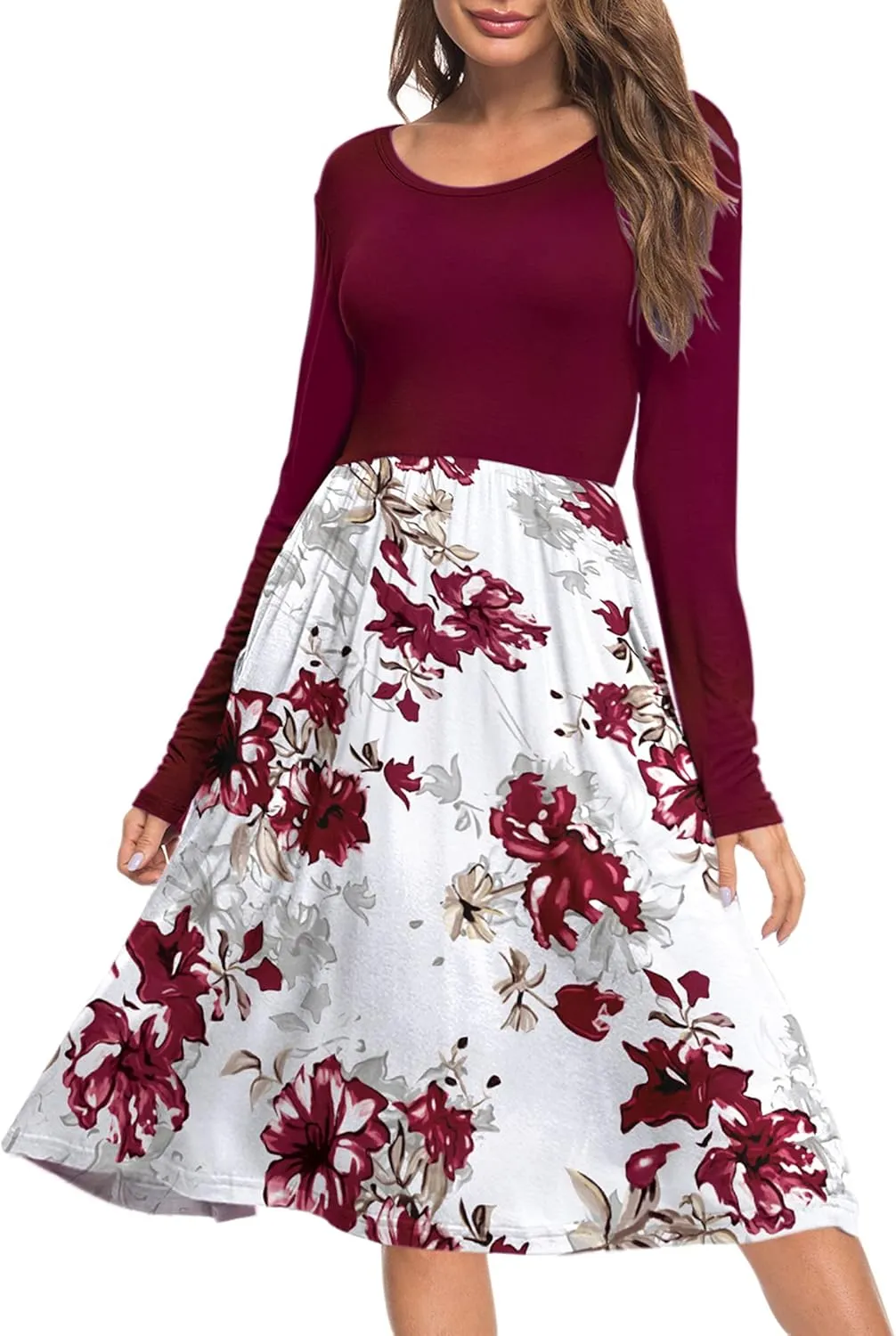 AUSELILY Women Long Sleeve Dresses Round Neck Casual Spring Swing Dress with Pockets