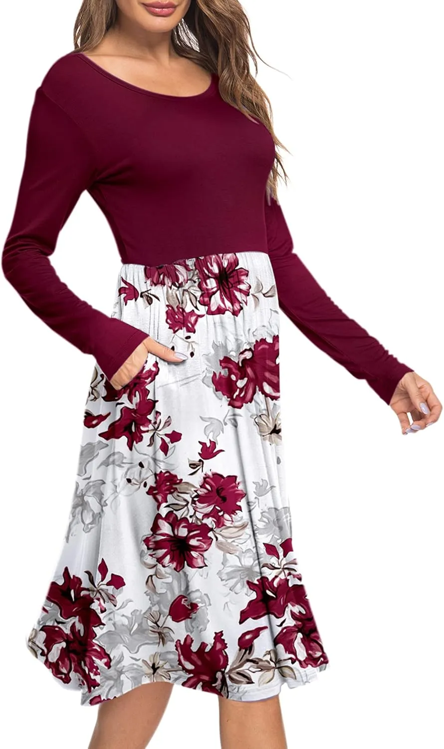 AUSELILY Women Long Sleeve Dresses Round Neck Casual Spring Swing Dress with Pockets