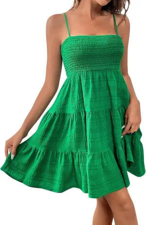 Babydoll Dress for Women Casual Summer Smocked Cami Square Neck Mini Sundress Vacation Tiered Ruffle Beach Dress
