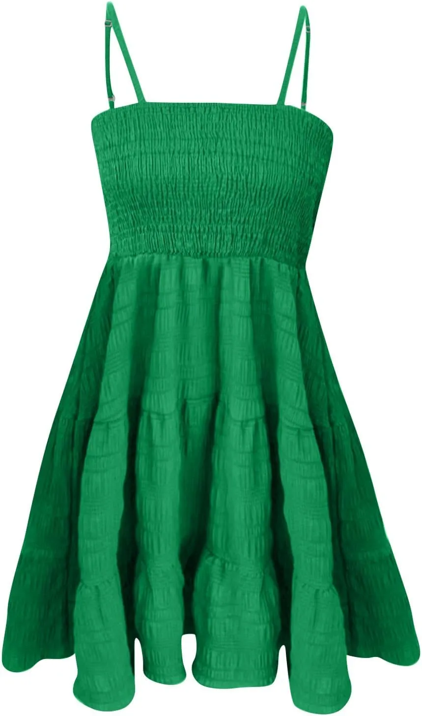 Babydoll Dress for Women Casual Summer Smocked Cami Square Neck Mini Sundress Vacation Tiered Ruffle Beach Dress