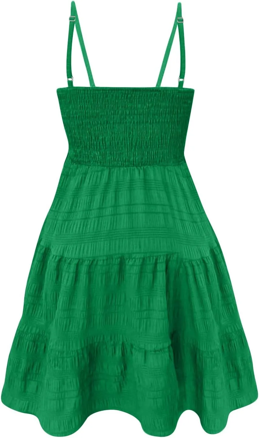Babydoll Dress for Women Casual Summer Smocked Cami Square Neck Mini Sundress Vacation Tiered Ruffle Beach Dress