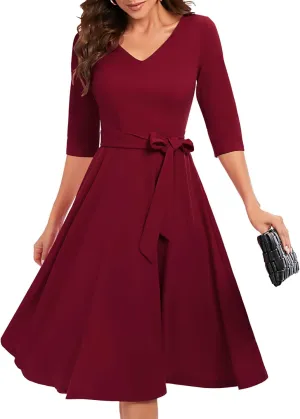 Bbonlinedress Women Casual Vintage Tea Dress Cocktail Prom Midi Church Dresses, V-Neck 3/4 Sleeves Dress