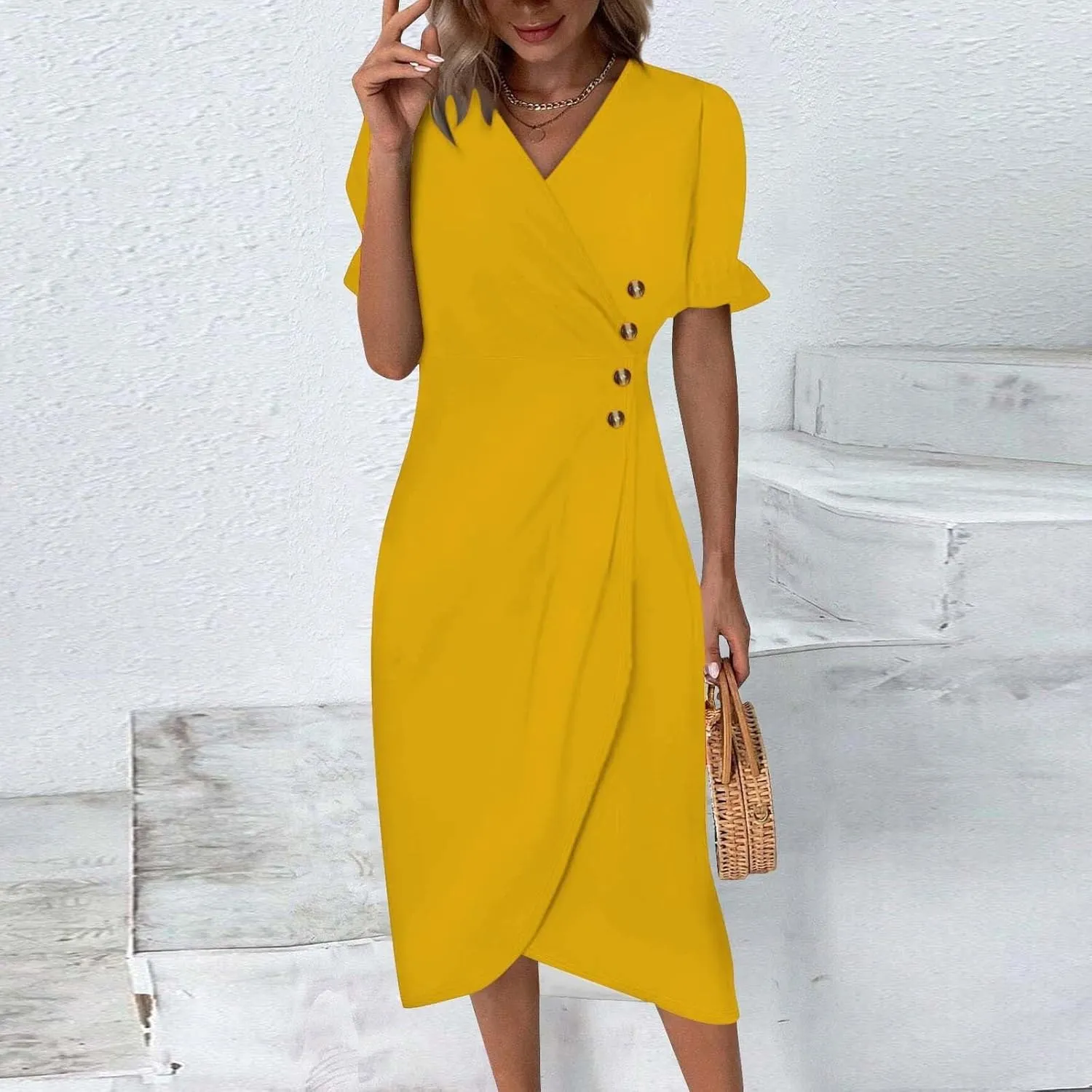 Beach Dresses for Women 2025 Summer Trendy Floral Boho Sundress Elegant V Neck Short Sleeve Irregular Hem Midi Dress