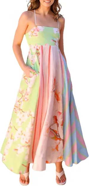 Beach Dresses for Women 2025 Vacation Spaghetti Strap Graffiti Maxi Dress Graphic A Line Swing Long Cami Dress