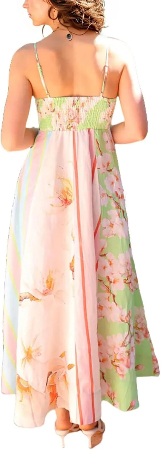 Beach Dresses for Women 2025 Vacation Spaghetti Strap Graffiti Maxi Dress Graphic A Line Swing Long Cami Dress