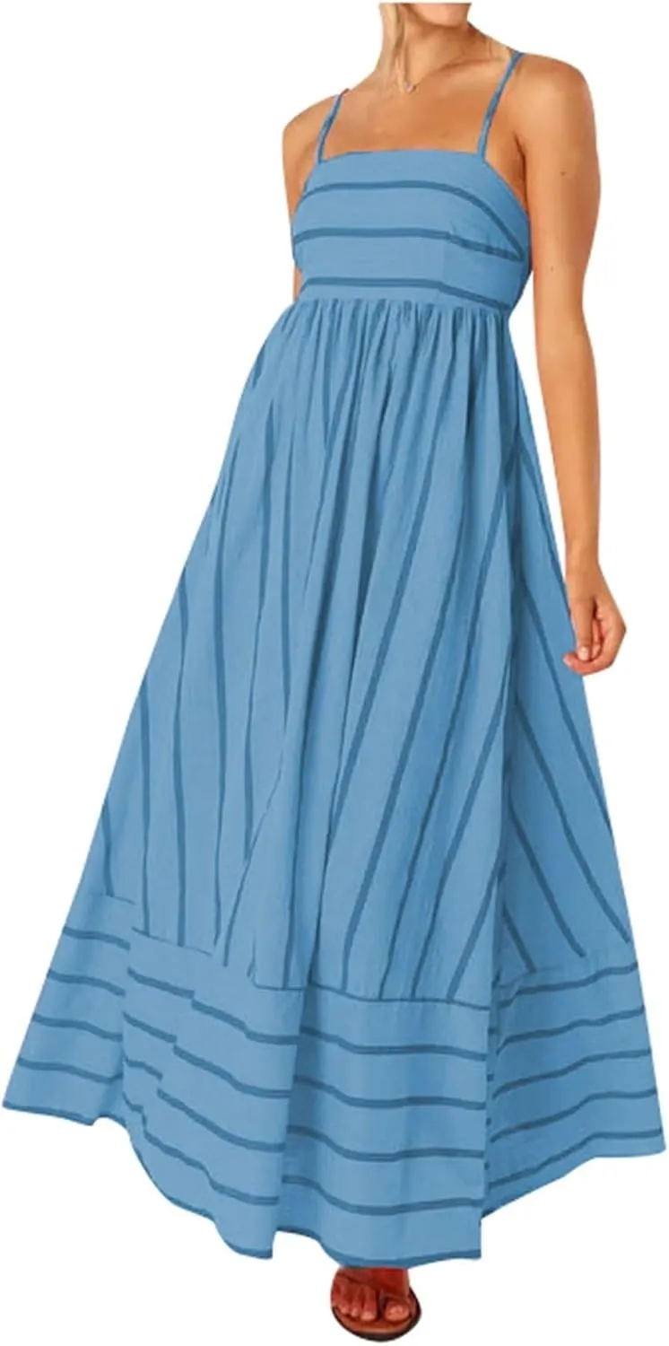 Beach Dresses for Women Summer Striped Back Smocked Maxi Dress Spaghetti Strap Cut Out Flowy A Line Long Sundresses