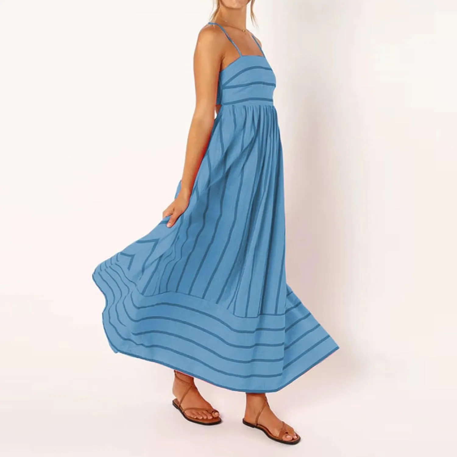 Beach Dresses for Women Summer Striped Back Smocked Maxi Dress Spaghetti Strap Cut Out Flowy A Line Long Sundresses