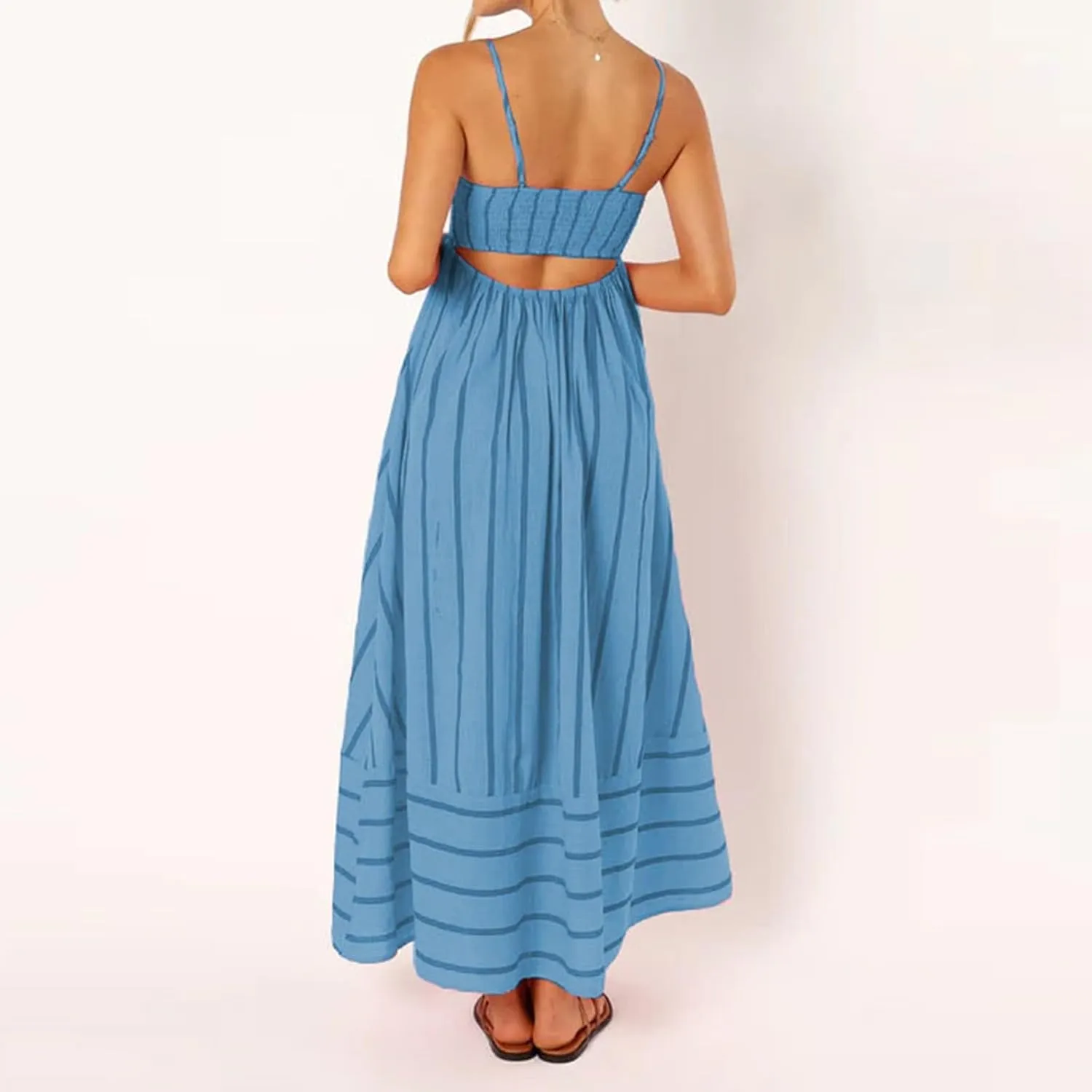 Beach Dresses for Women Summer Striped Back Smocked Maxi Dress Spaghetti Strap Cut Out Flowy A Line Long Sundresses