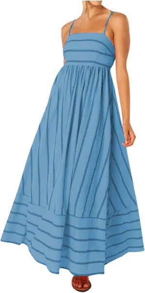 Beach Dresses for Women Summer Striped Back Smocked Maxi Dress Spaghetti Strap Cut Out Flowy A Line Long Sundresses
