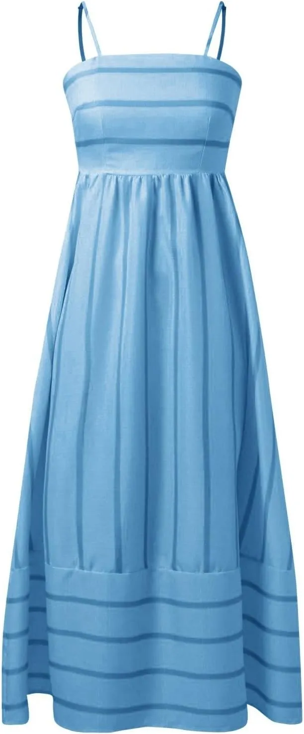 Beach Dresses for Women Summer Striped Back Smocked Maxi Dress Spaghetti Strap Cut Out Flowy A Line Long Sundresses