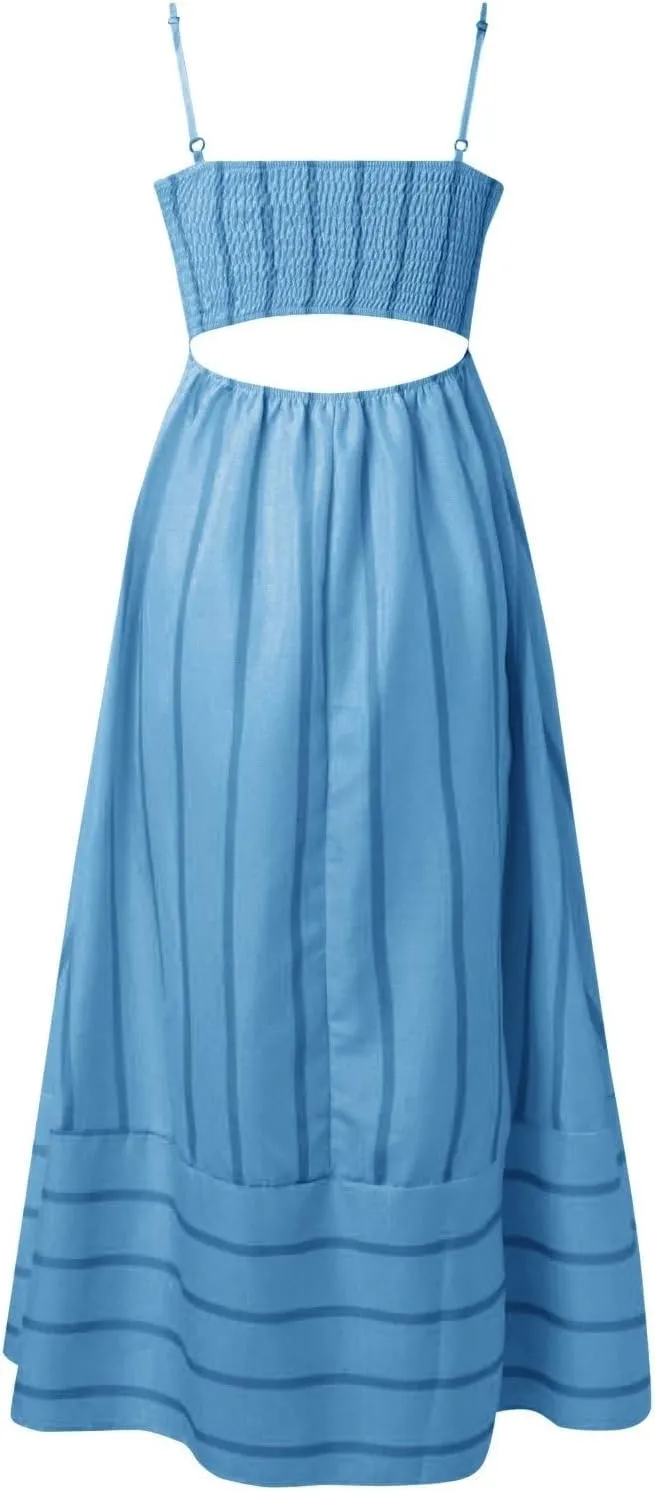 Beach Dresses for Women Summer Striped Back Smocked Maxi Dress Spaghetti Strap Cut Out Flowy A Line Long Sundresses