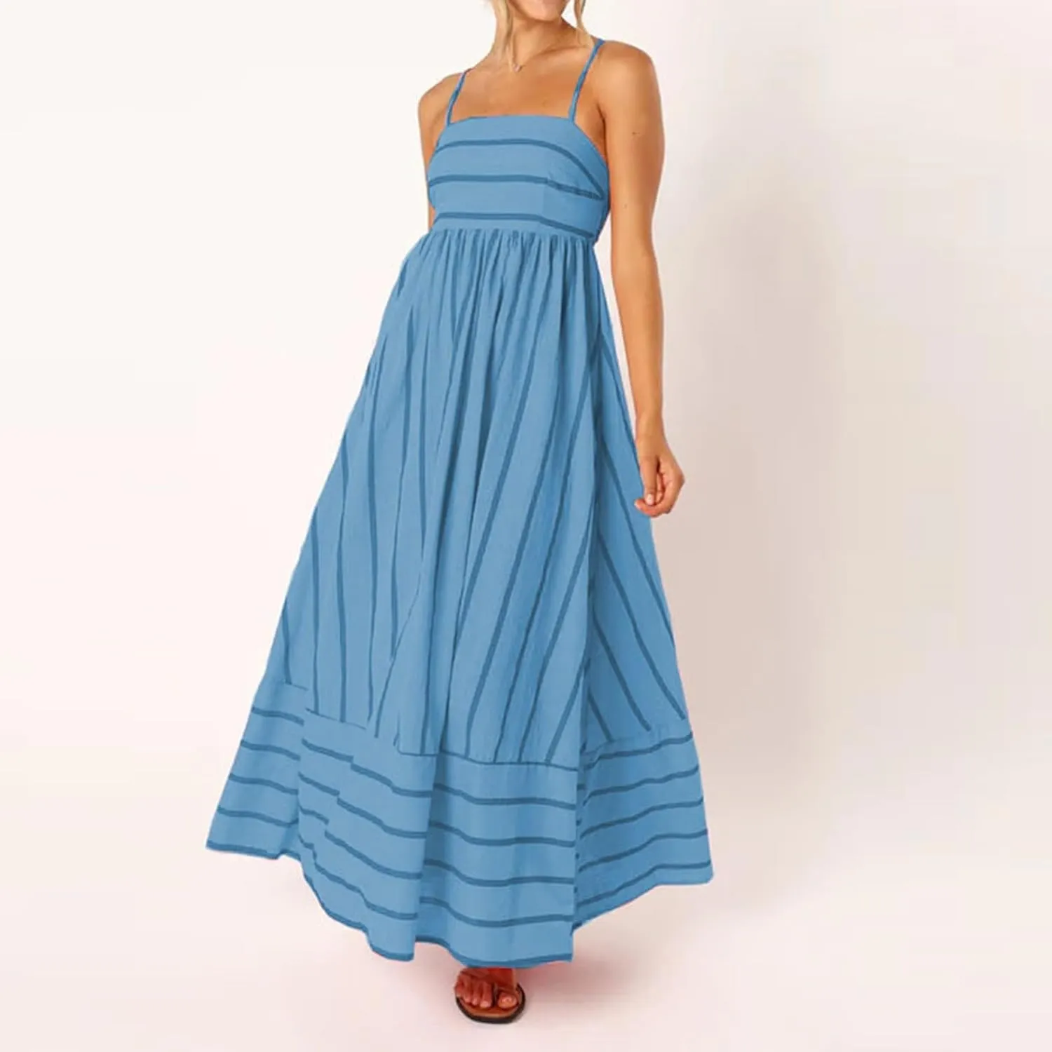 Beach Dresses for Women Summer Striped Back Smocked Maxi Dress Spaghetti Strap Cut Out Flowy A Line Long Sundresses
