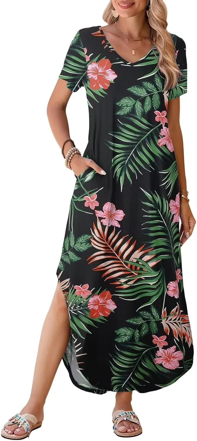 BELAROI Womens Plus Size Maxi Dresses Summer T Shirt Dress Casual V Neck Short Sleeve Long Dress Loose Fit Pockets Split