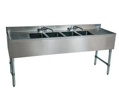 BK Resources UB4-21-496TS 96" Underbar Sink with 4 Bowls and 2 Faucets with Two Drainboard
