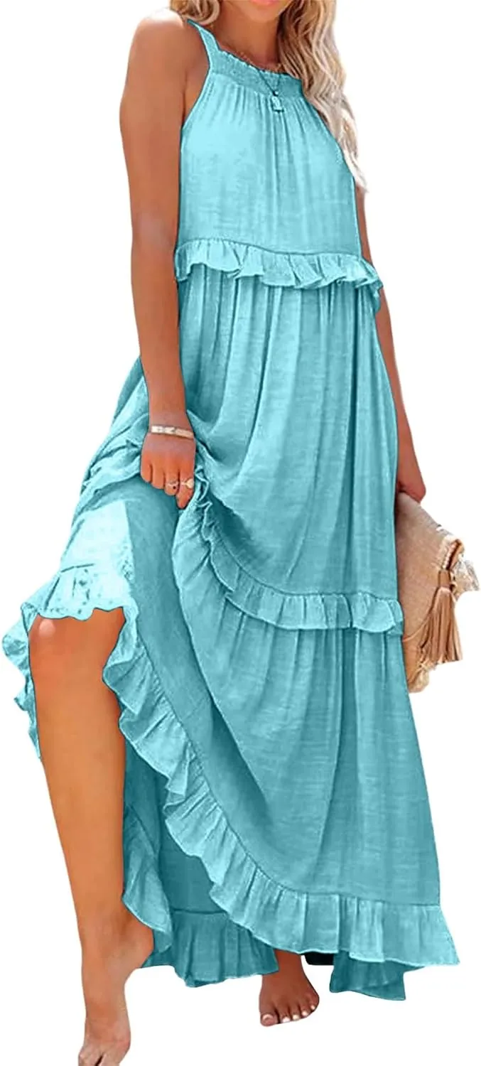 Boho Dress for Women Long Sleeveless Maxi Dress Halter Layered Ruffles Flowy Sundress Summer Beach Casual Loose Dress