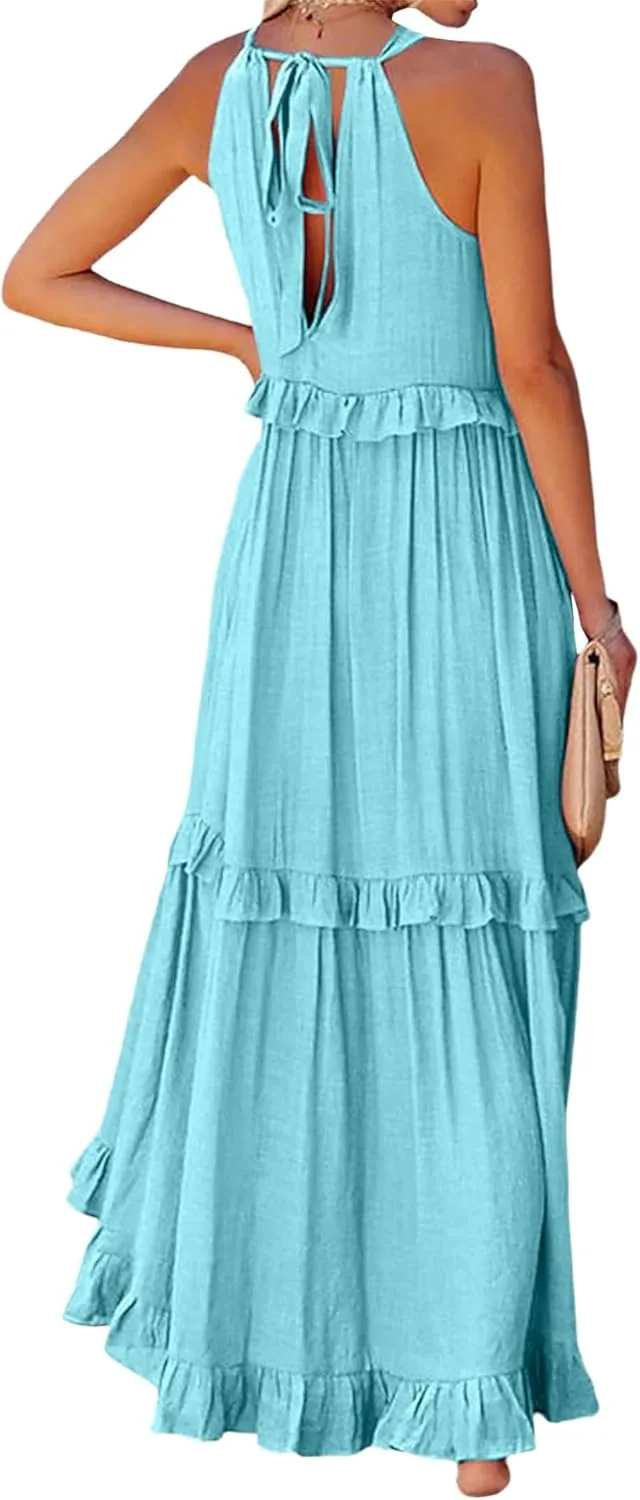 Boho Dress for Women Long Sleeveless Maxi Dress Halter Layered Ruffles Flowy Sundress Summer Beach Casual Loose Dress
