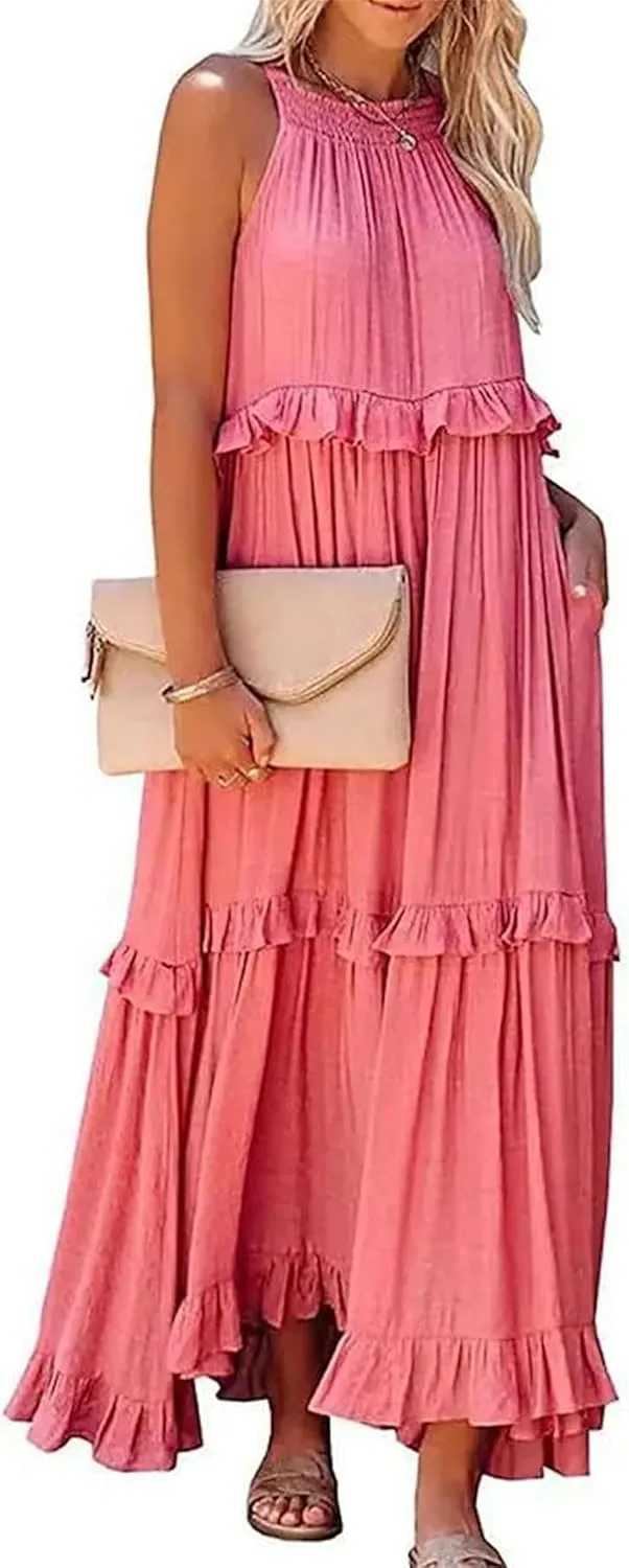 Boho Dress for Women Long Sleeveless Maxi Dress Halter Layered Ruffles Flowy Sundress Summer Beach Casual Loose Dress