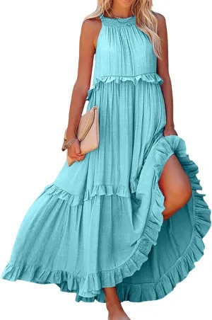 Boho Dress for Women Long Sleeveless Maxi Dress Halter Layered Ruffles Flowy Sundress Summer Beach Casual Loose Dress