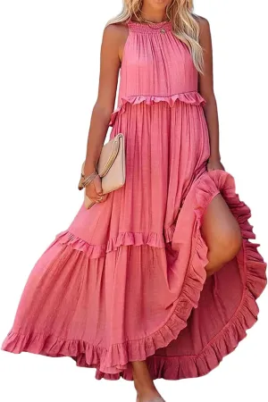 Boho Dress for Women Long Sleeveless Maxi Dress Halter Layered Ruffles Flowy Sundress Summer Beach Casual Loose Dress