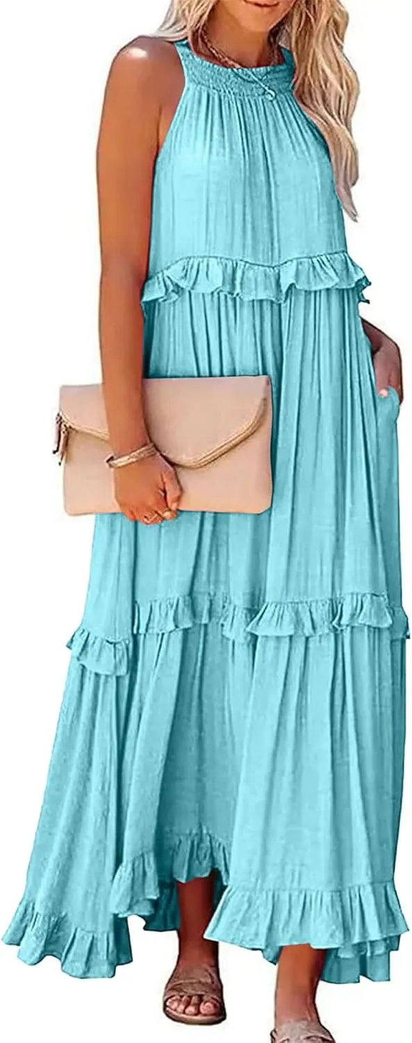 Boho Dress for Women Long Sleeveless Maxi Dress Halter Layered Ruffles Flowy Sundress Summer Beach Casual Loose Dress