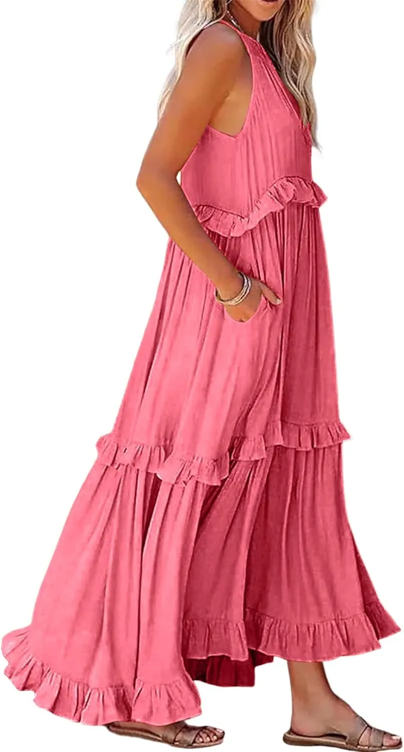 Boho Dress for Women Long Sleeveless Maxi Dress Halter Layered Ruffles Flowy Sundress Summer Beach Casual Loose Dress