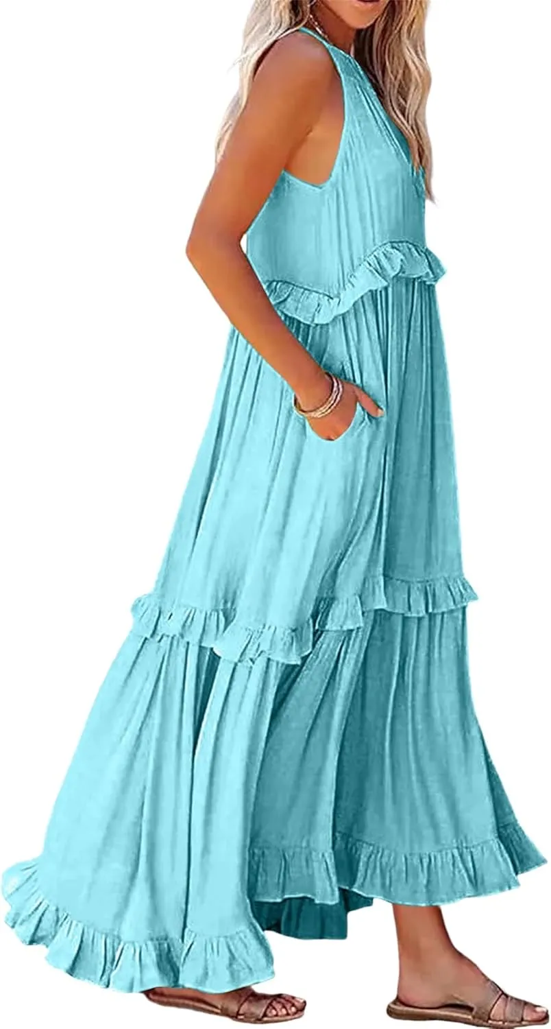 Boho Dress for Women Long Sleeveless Maxi Dress Halter Layered Ruffles Flowy Sundress Summer Beach Casual Loose Dress