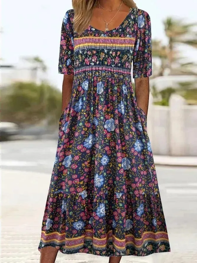 Boho Floral Dresses for Women 2025 Casual Crew Neck Short Sleeve Midi Dress Summer Loose Flowy Dress with Pockets