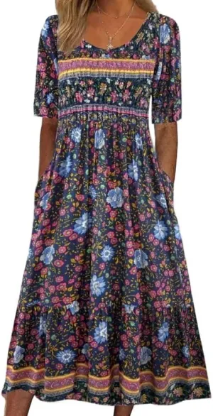 Boho Floral Dresses for Women 2025 Casual Crew Neck Short Sleeve Midi Dress Summer Loose Flowy Dress with Pockets