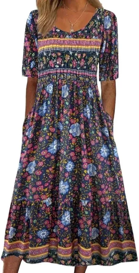 Boho Floral Dresses for Women 2025 Casual Crew Neck Short Sleeve Midi Dress Summer Loose Flowy Dress with Pockets