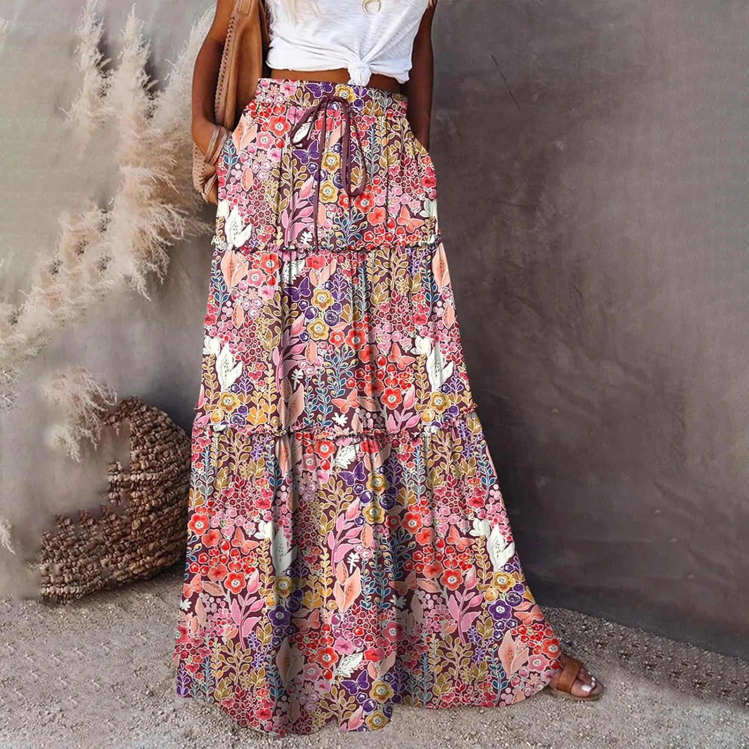Boho Skirt for Women Elastic High Waist Pleated A-Line Flowy Swing Tiered Maxi Long Skirt Dress with Pockets
