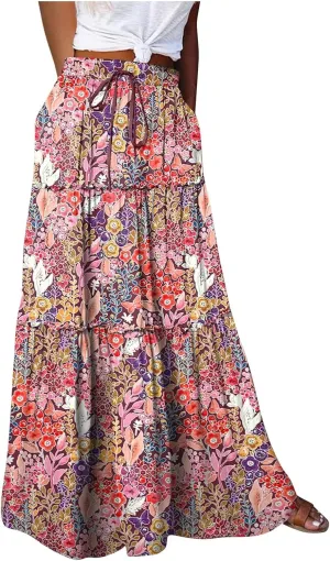 Boho Skirt for Women Elastic High Waist Pleated A-Line Flowy Swing Tiered Maxi Long Skirt Dress with Pockets